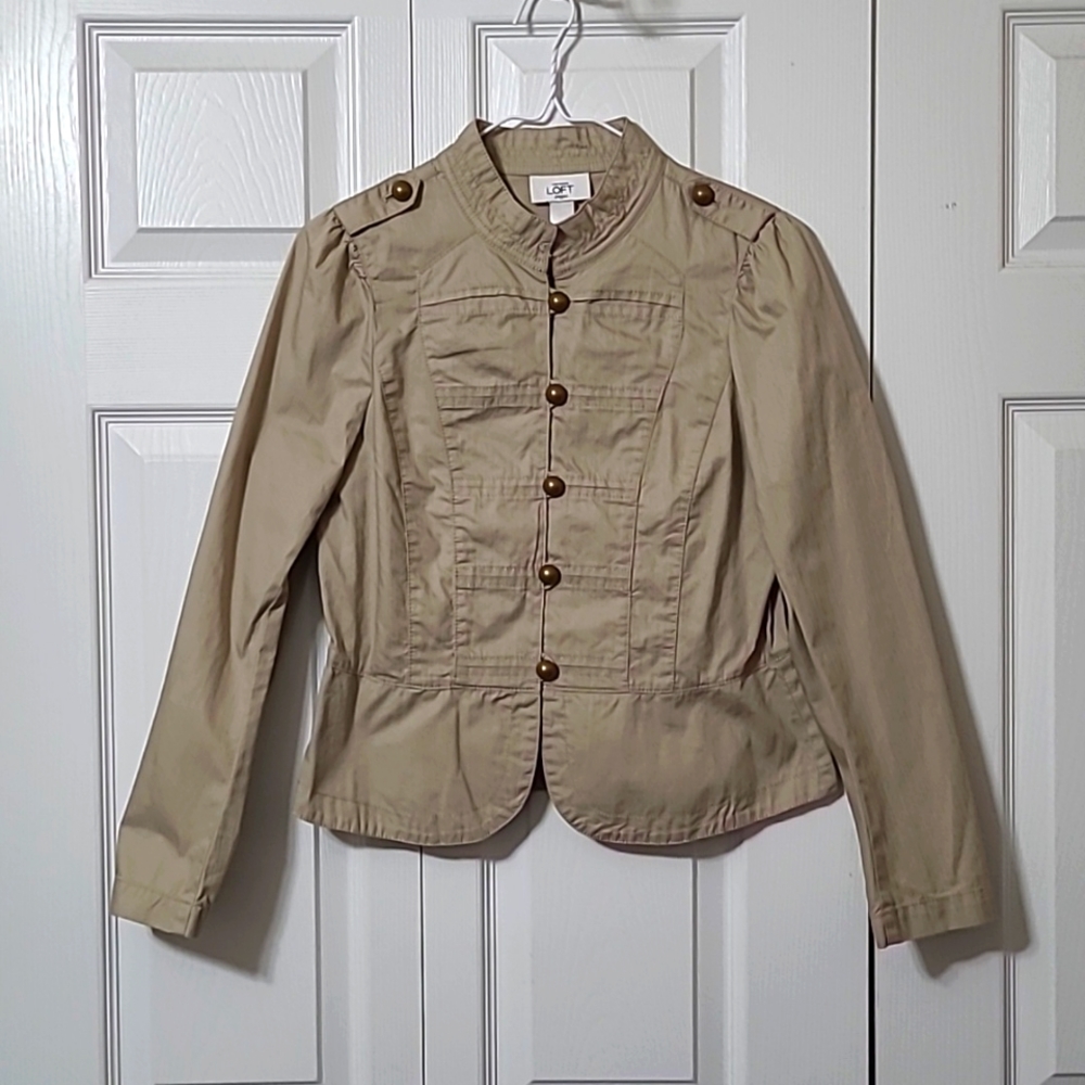 Tan Military Style Blazer Jacket, Button-Up, Size 6 Petite, Like New Condition